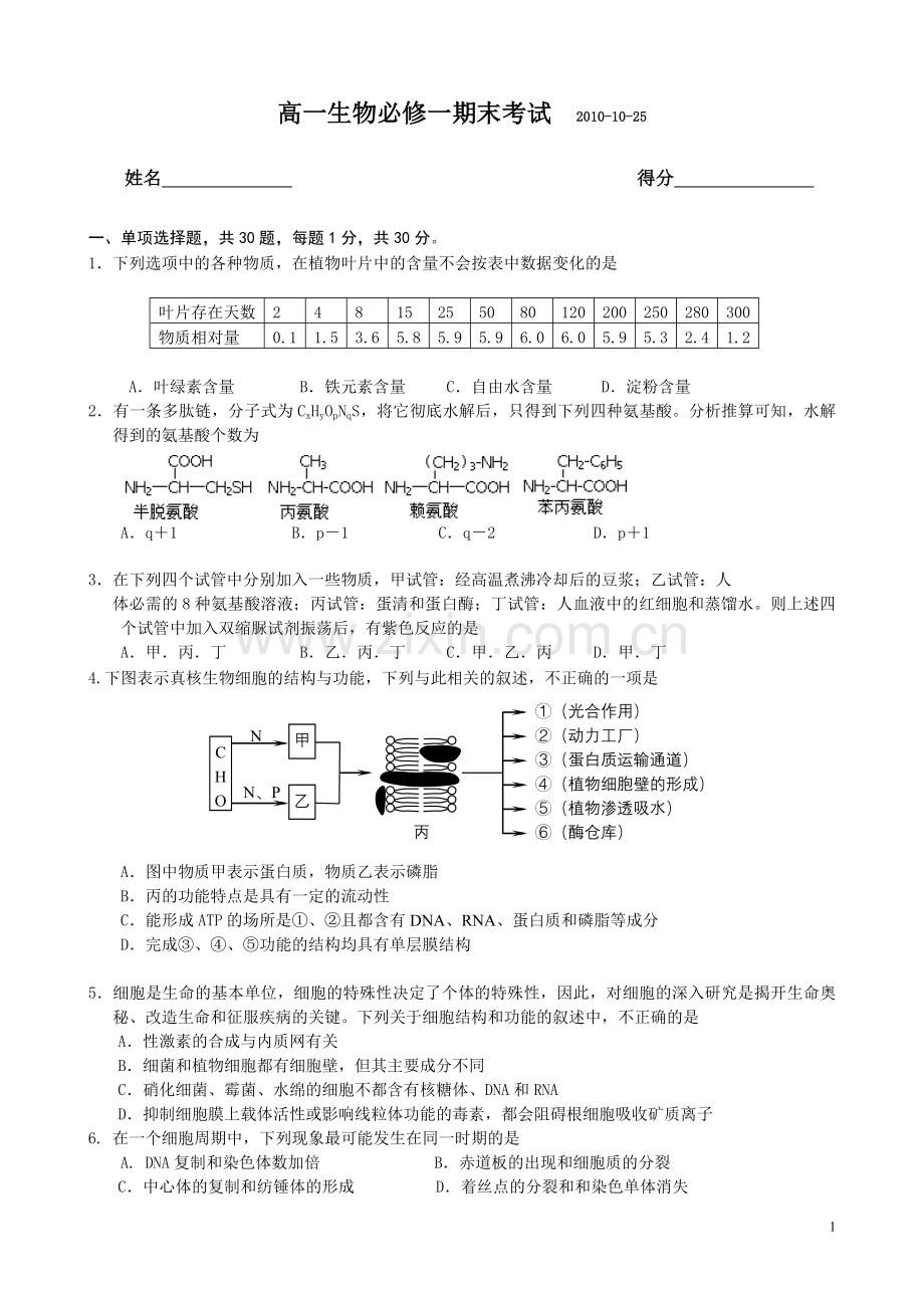 高一生物必修一期末考试1(附答案).doc_第1页