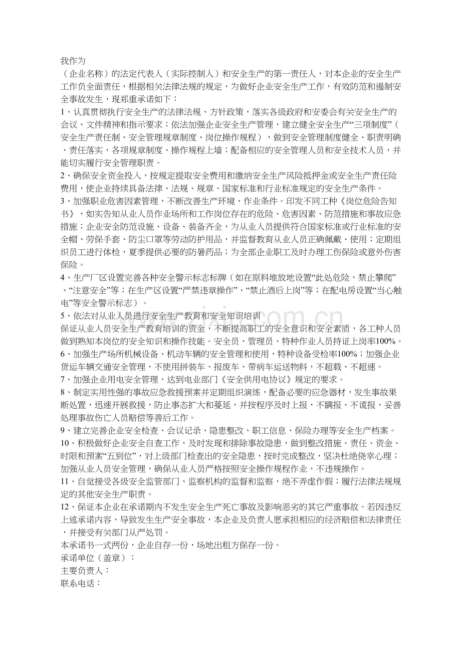 企业安全生产承诺书.doc_第1页