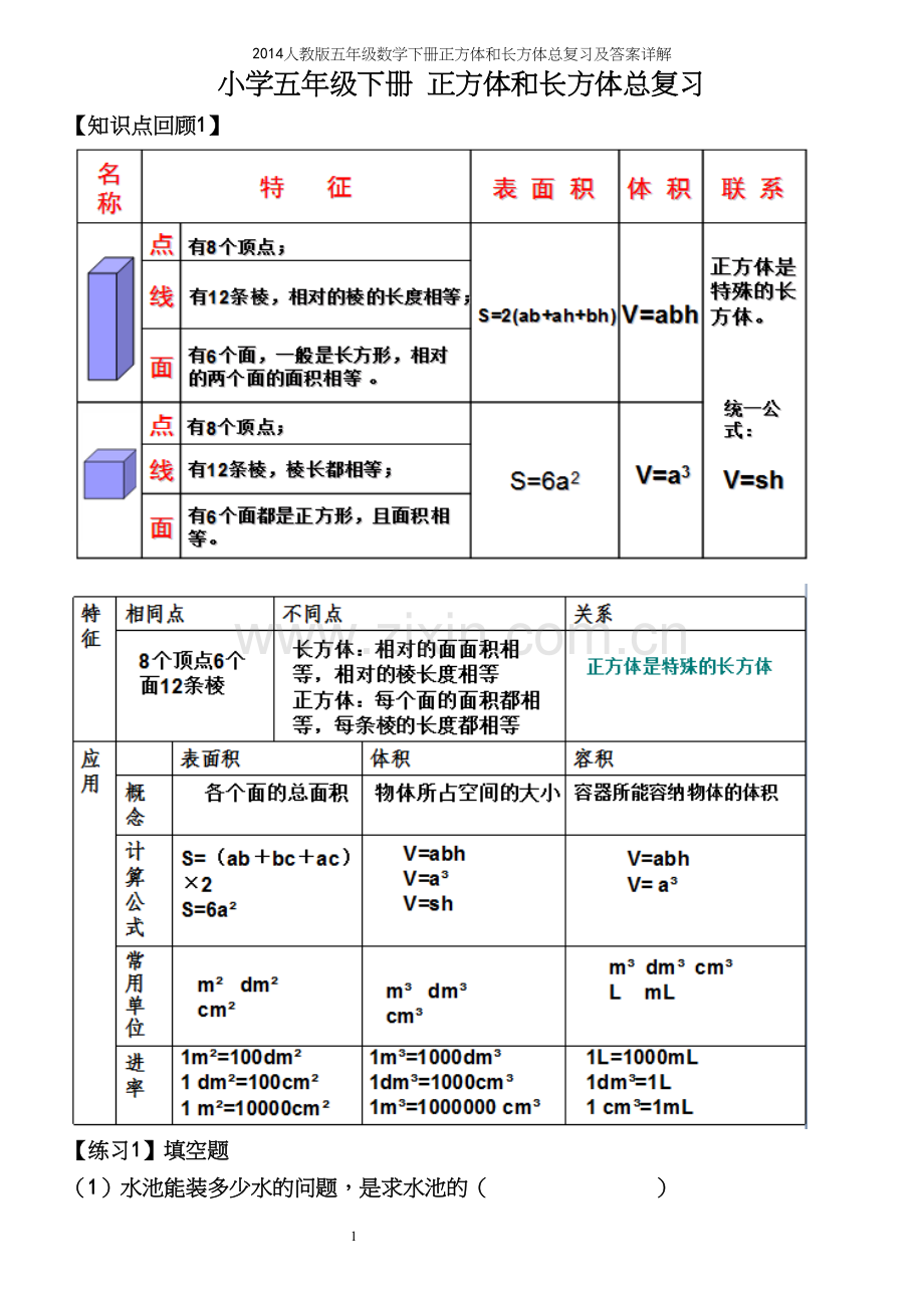 人教版五年级数学下册正方体和长方体总复习及答案详解.docx_第2页