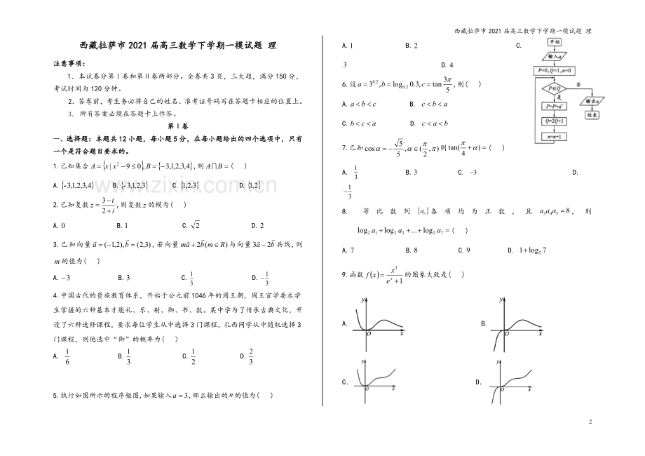 西藏拉萨市2021届高三数学下学期一模试题-理.doc_第2页