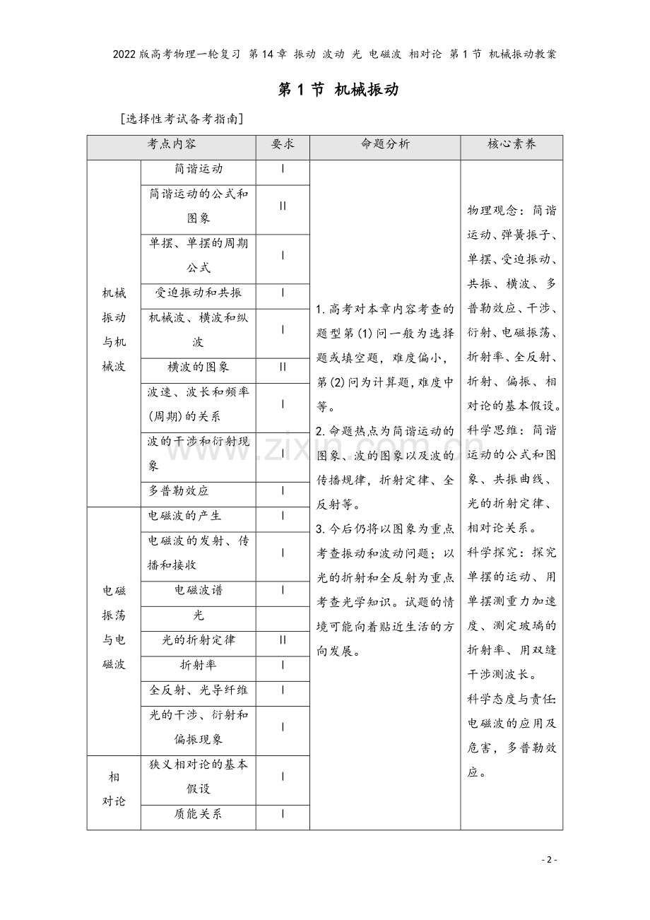 2022版高考物理一轮复习-第14章-振动-波动-光-电磁波-相对论-第1节-机械振动教案.doc_第2页