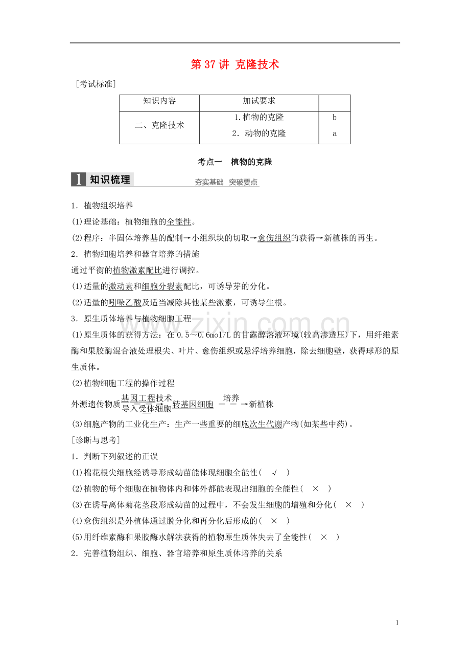 【新步步高】版高考生物一轮复习第十一单元现代生物科技专题第讲克隆技术讲义浙科版-精.doc_第1页