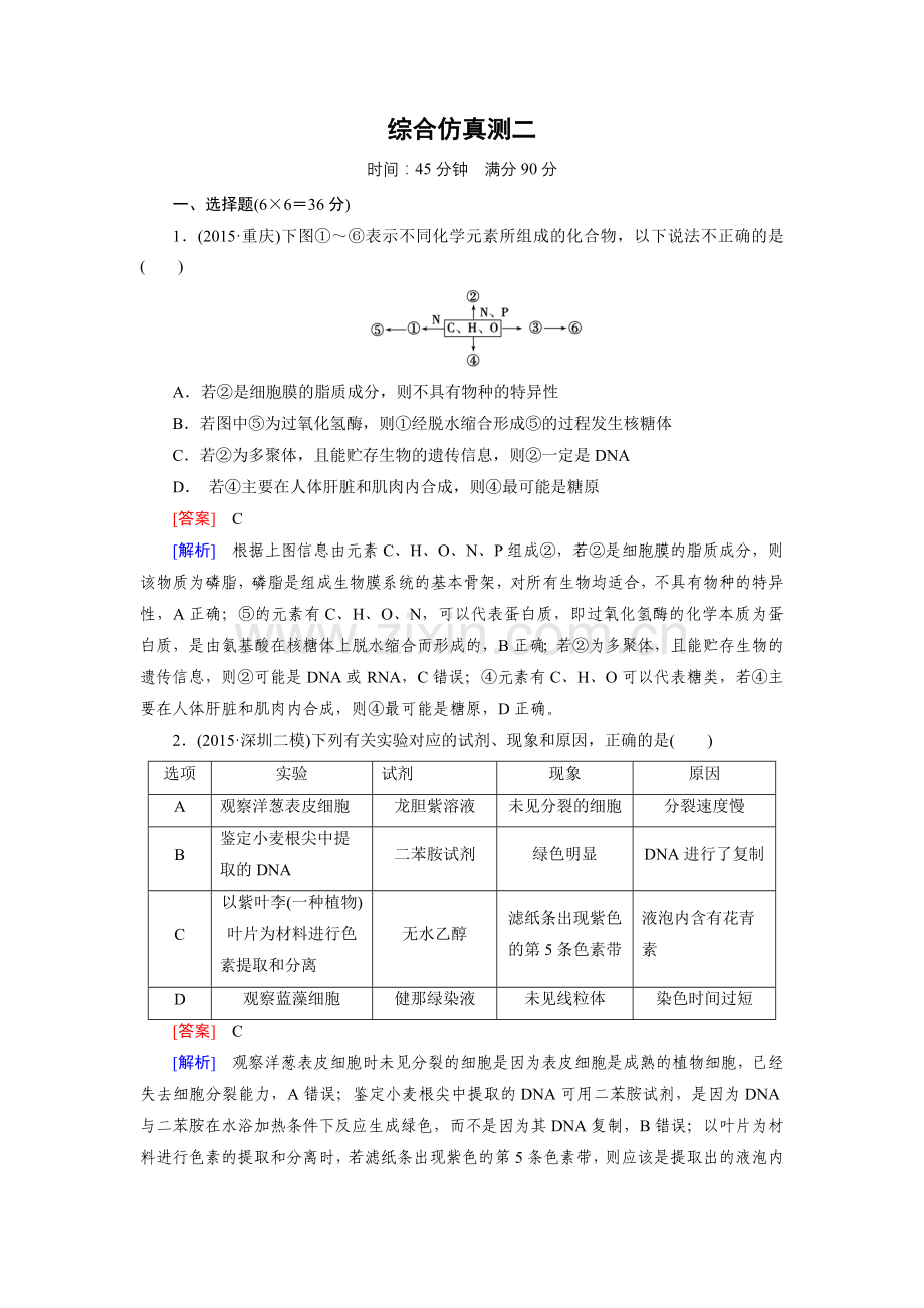 【走向高考】2016高考生物二轮复习习题：综合仿真测2.doc_第1页