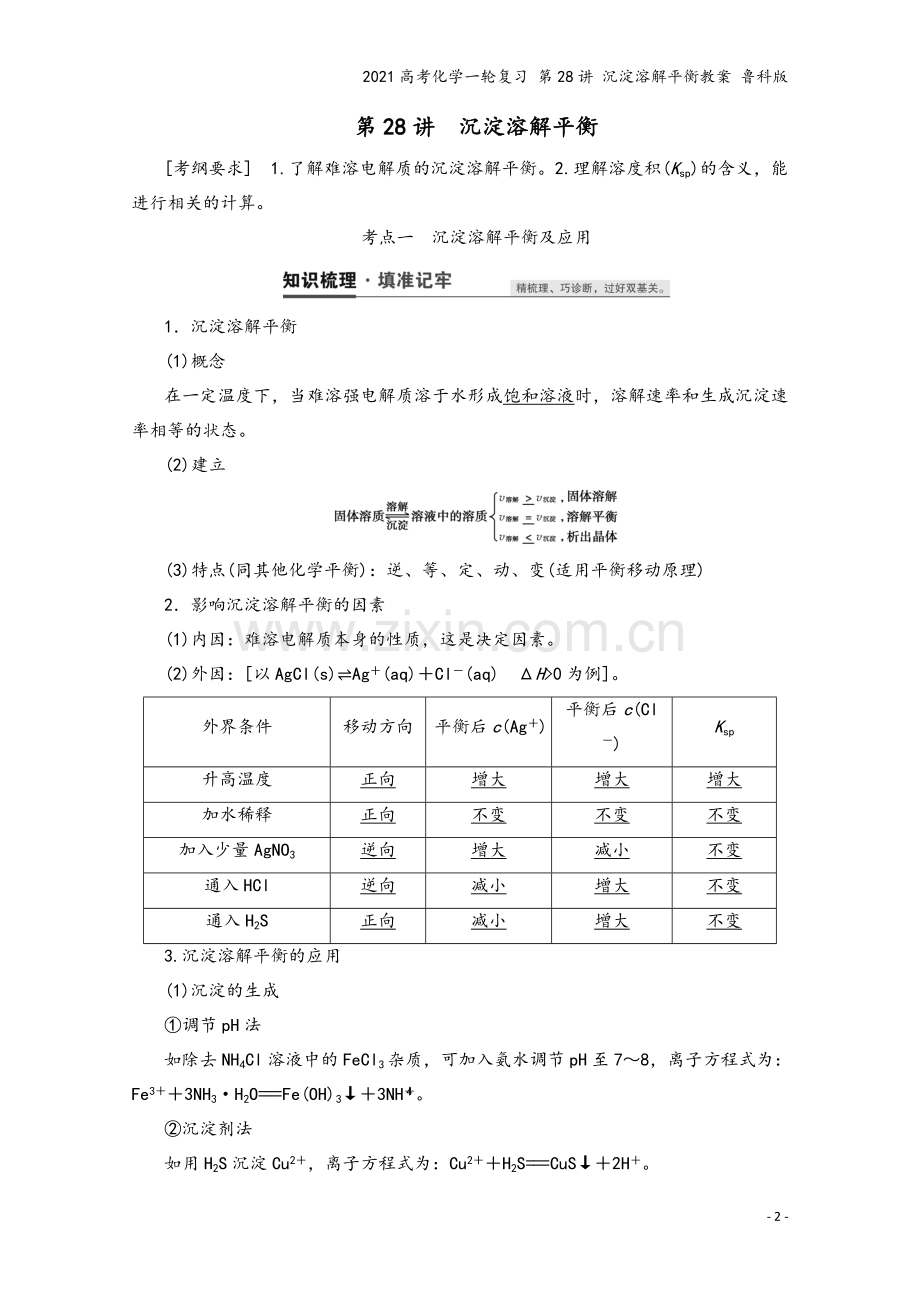 2021高考化学一轮复习-第28讲-沉淀溶解平衡教案-鲁科版.doc_第2页