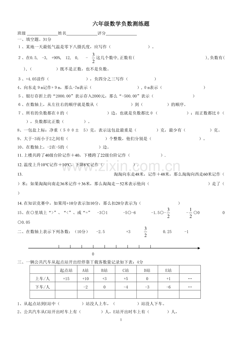 人教版小学数学六年级负数单元练习题.doc_第1页