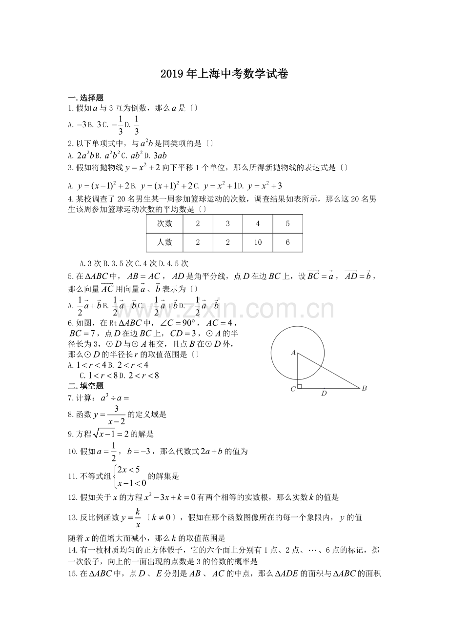 2019年上海中考数学试卷.doc_第1页