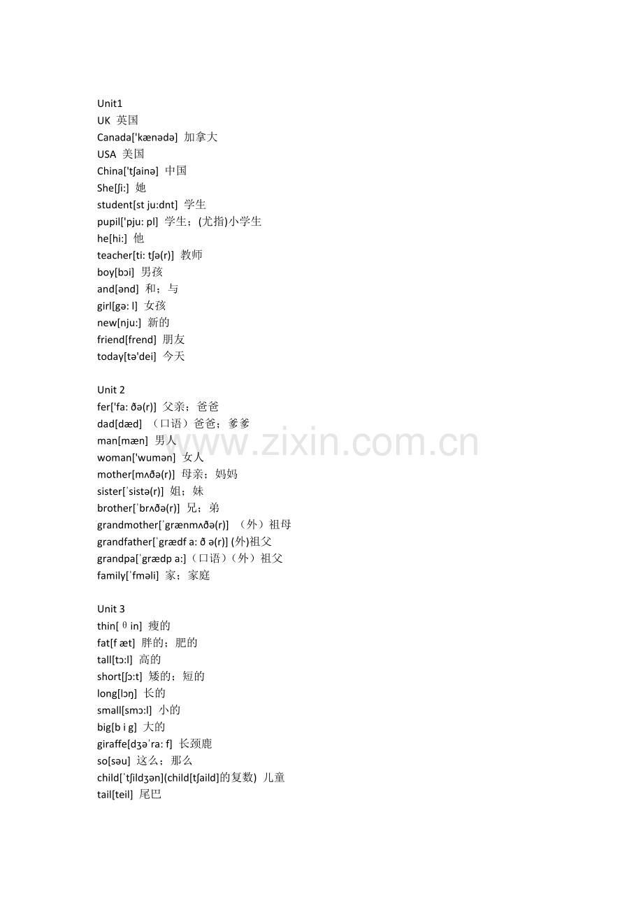 人教新版PEP小学英语三年级下册单元词汇表(2).doc_第1页