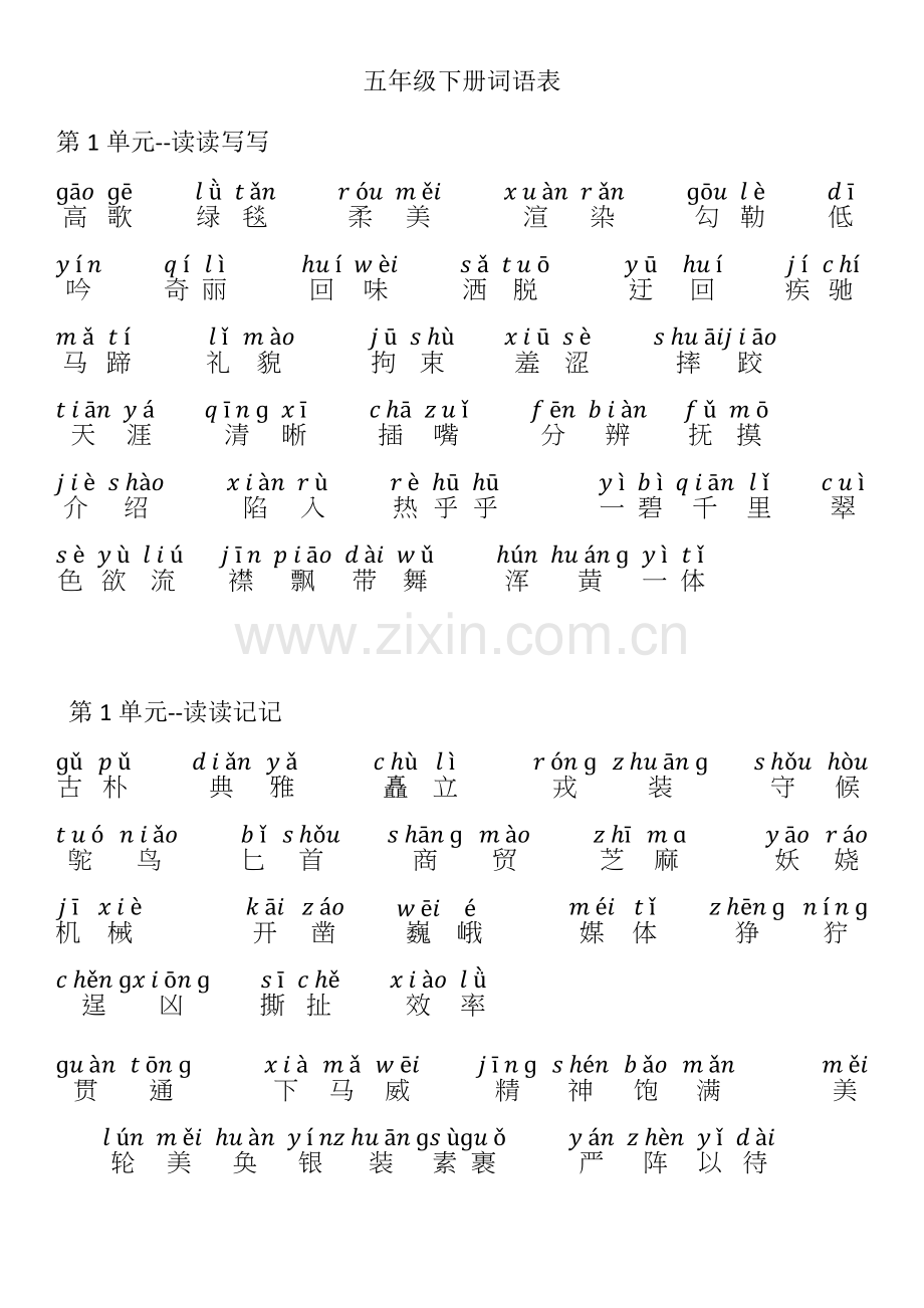 人教版五年级语文下册词语表.doc_第1页