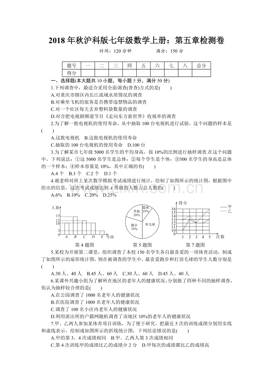 2018年秋沪科版七年级数学上册：第五章检测卷.doc_第1页