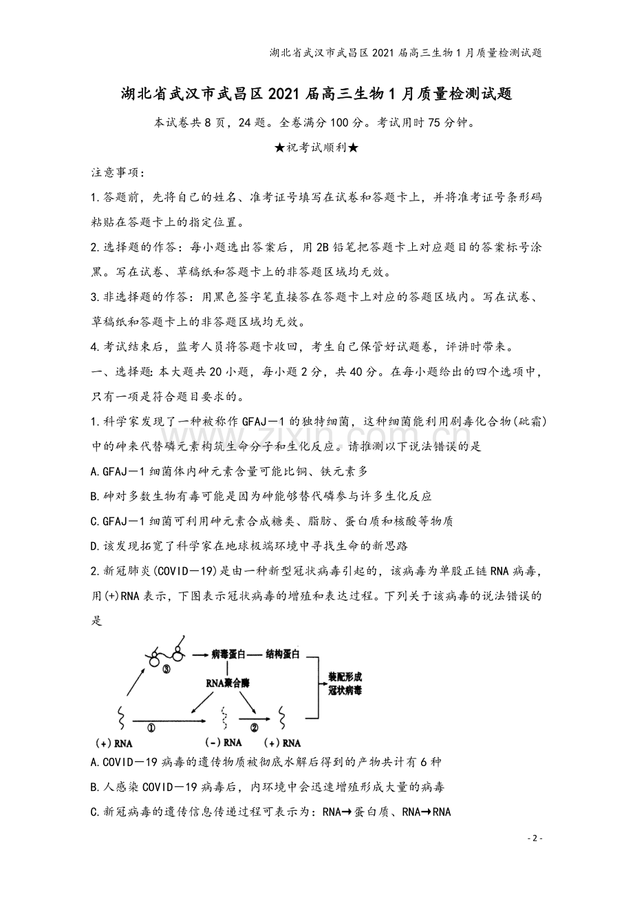 湖北省武汉市武昌区2021届高三生物1月质量检测试题.doc_第2页