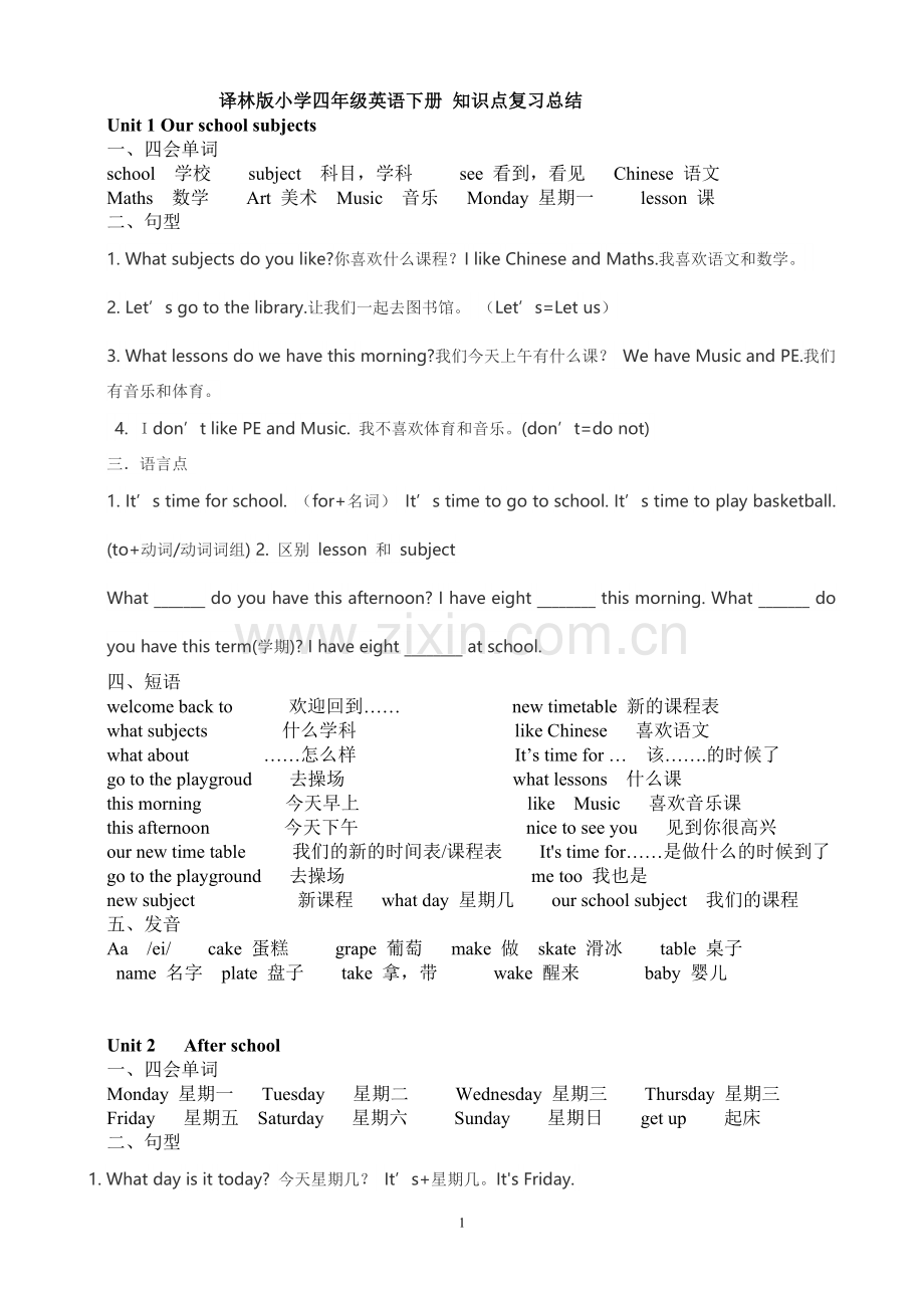 译林版小学四年级英语下册-知识点复习总结-(1).doc_第1页