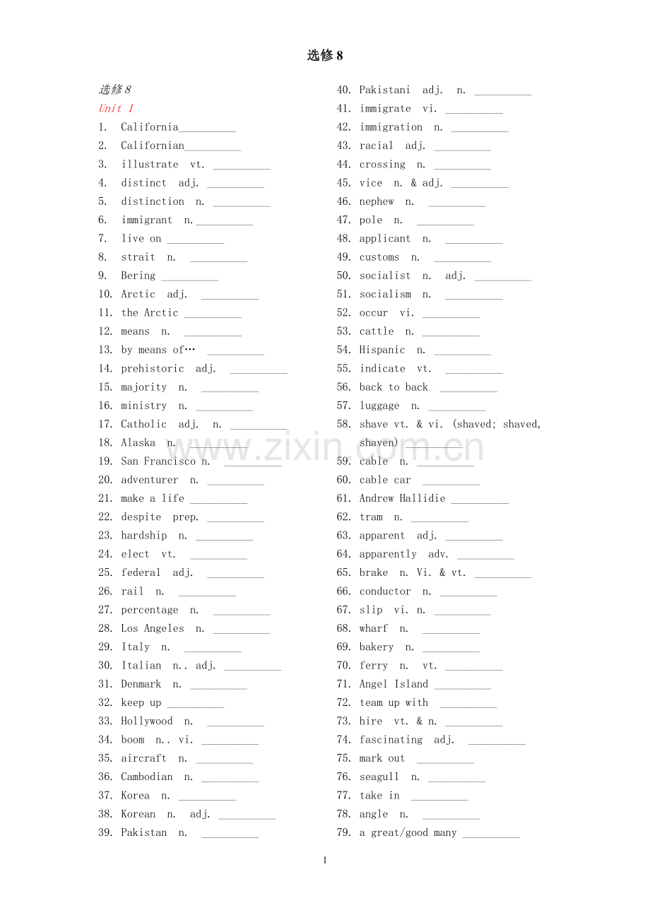 人教版高中英语选修8单词默写(英汉互译).doc_第1页