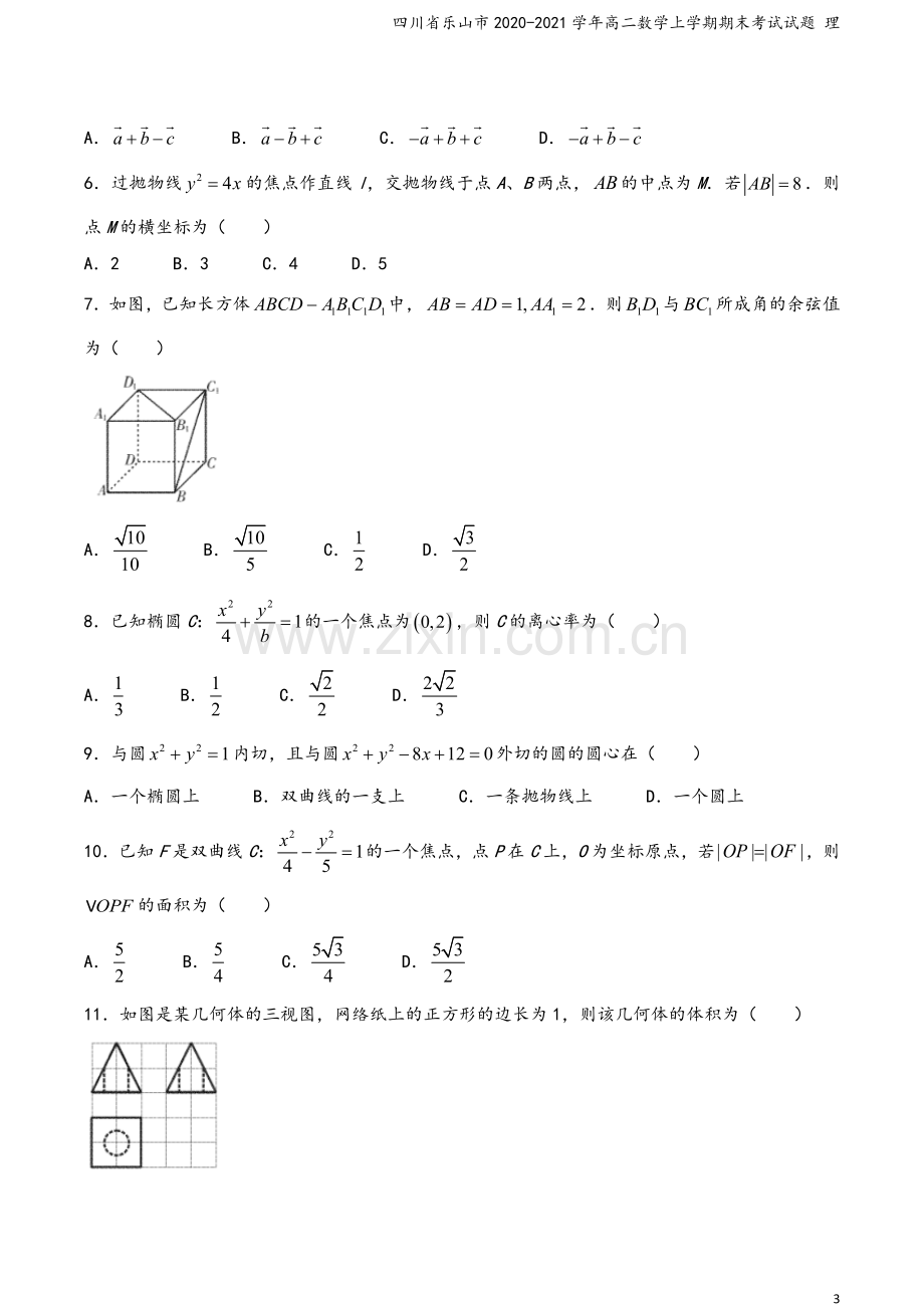 四川省乐山市2020-2021学年高二数学上学期期末考试试题-理.doc_第3页