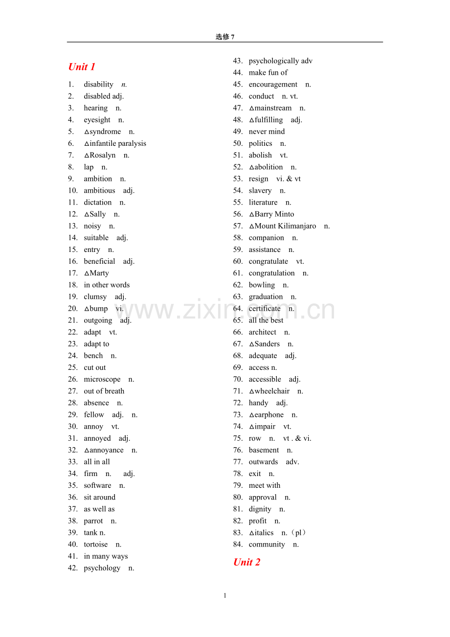 人教版高中英语选修7词汇表--英汉分开(1)2.doc_第1页