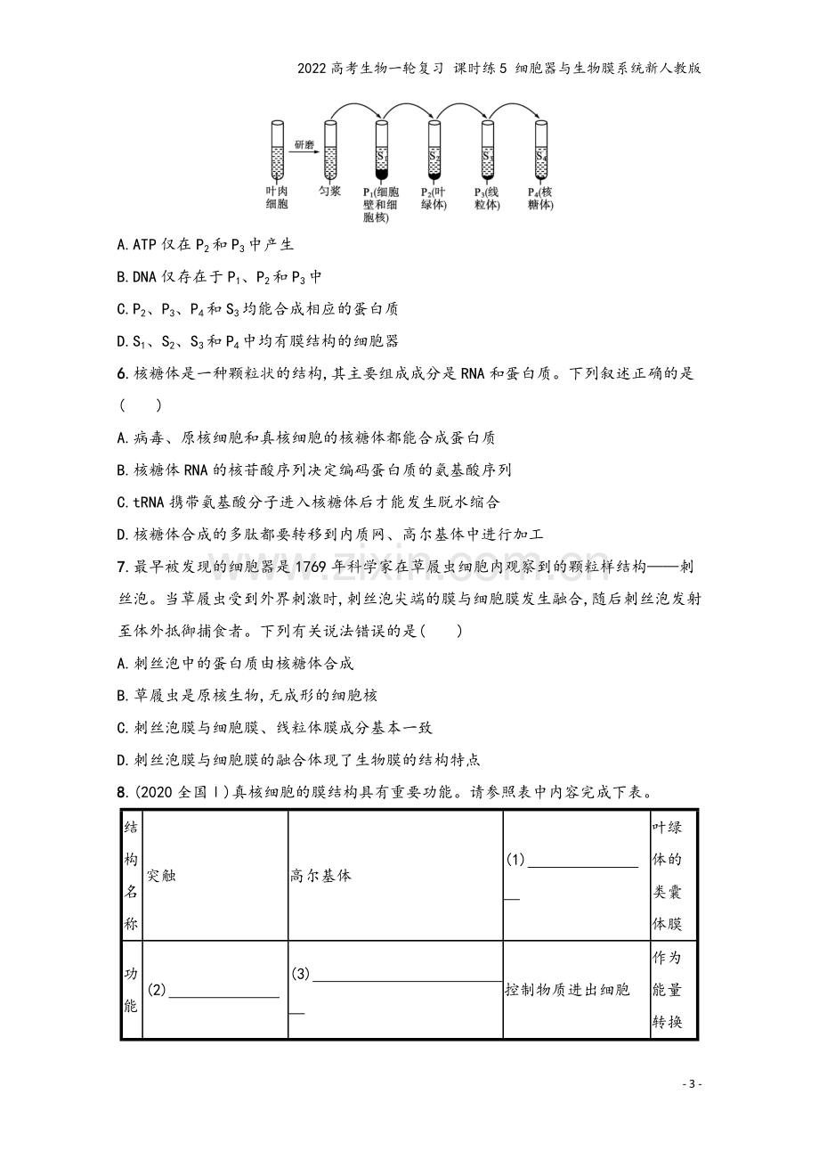 2022高考生物一轮复习-课时练5-细胞器与生物膜系统新人教版.docx_第3页