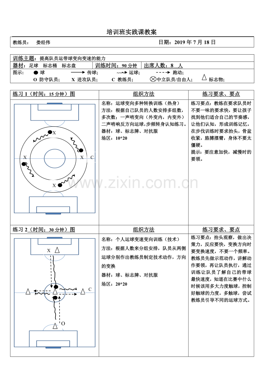 足球提高队员运带球变向变速的能力教案.doc_第1页