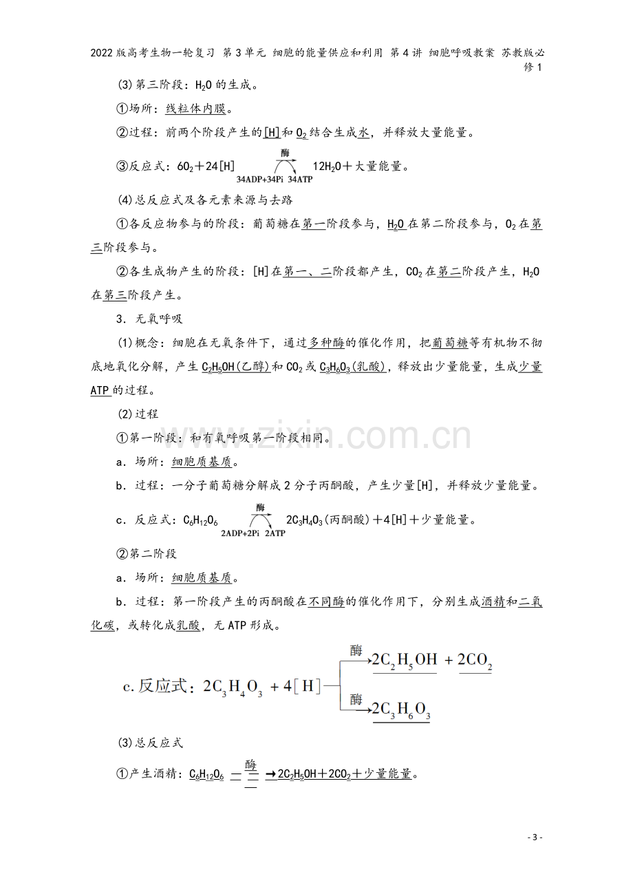 2022版高考生物一轮复习-第3单元-细胞的能量供应和利用-第4讲-细胞呼吸教案-苏教版必修1.doc_第3页