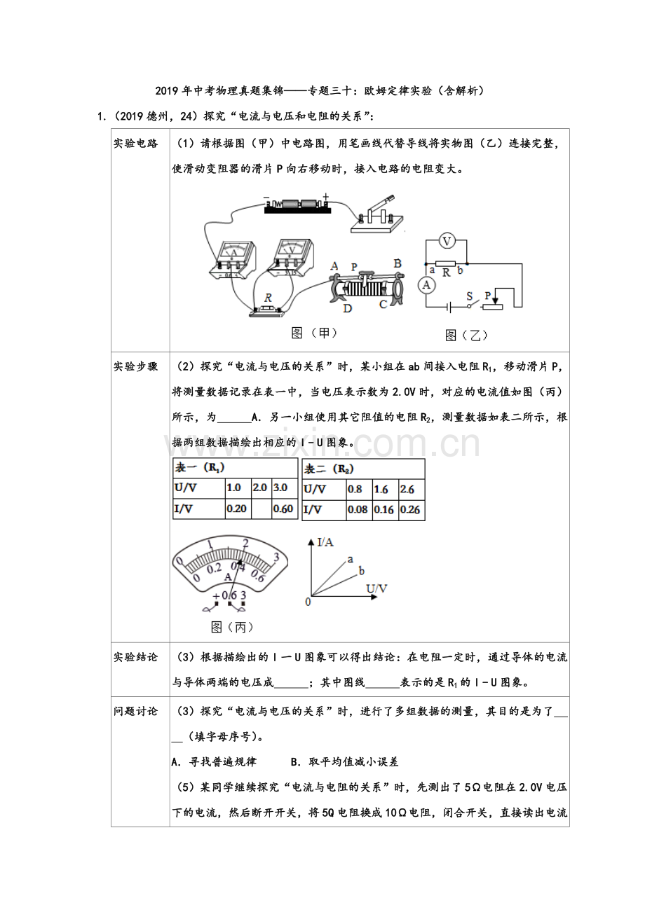 2019年中考物理真题集锦专题30：欧姆定律实验(含解析).doc_第1页