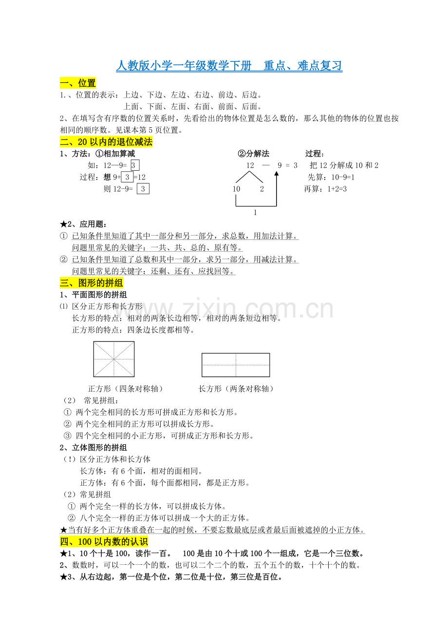 人教版小学一年级数学下册知识点重难点题目类型归纳总结.doc_第1页