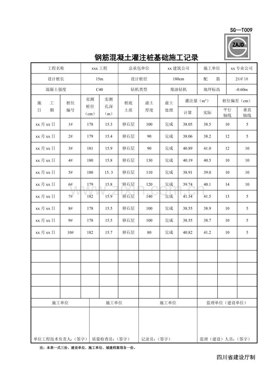 SG-T009钢筋混凝土灌注桩基础施工记录.doc_第1页