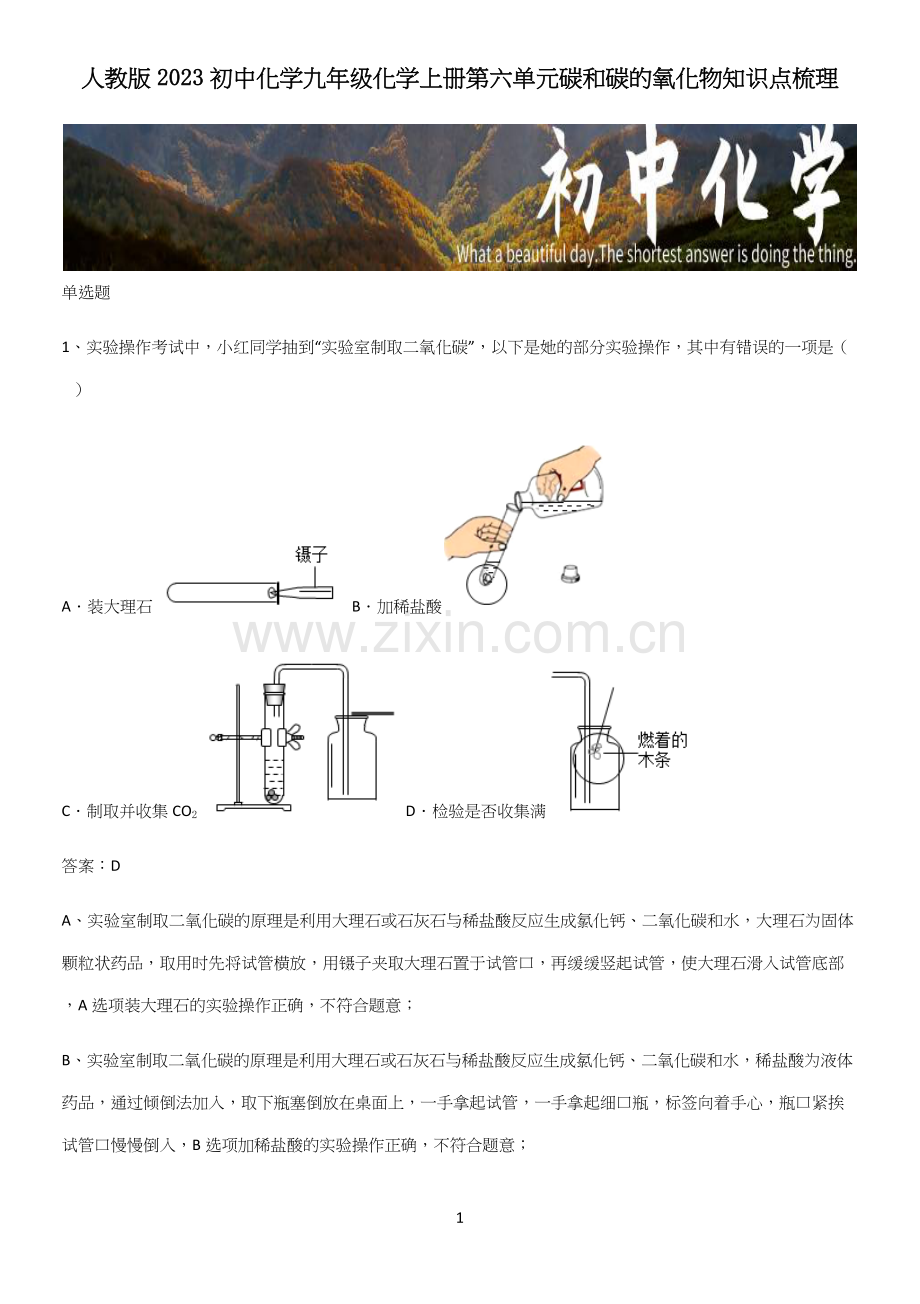 人教版2023初中化学九年级化学上册第六单元碳和碳的氧化物知识点梳理.docx_第1页