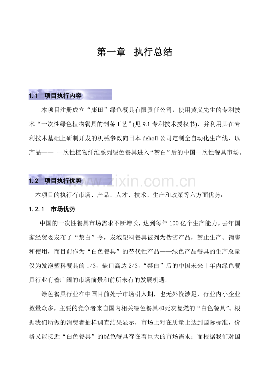 某某某绿色餐具投资商业谋划方案书.doc_第1页