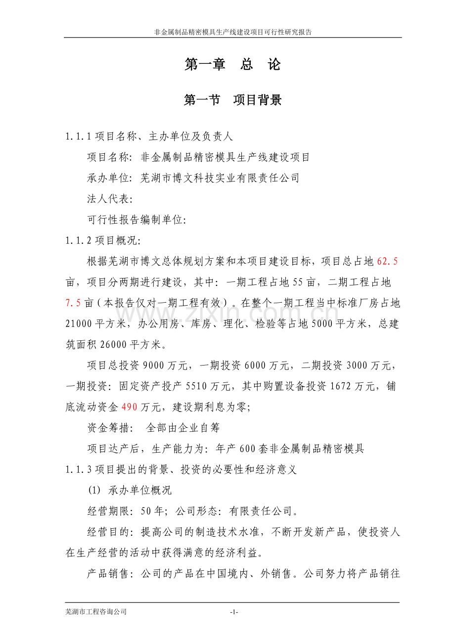 非金属制品精密模具生产线新建项目可行性研究论证报告.doc_第1页