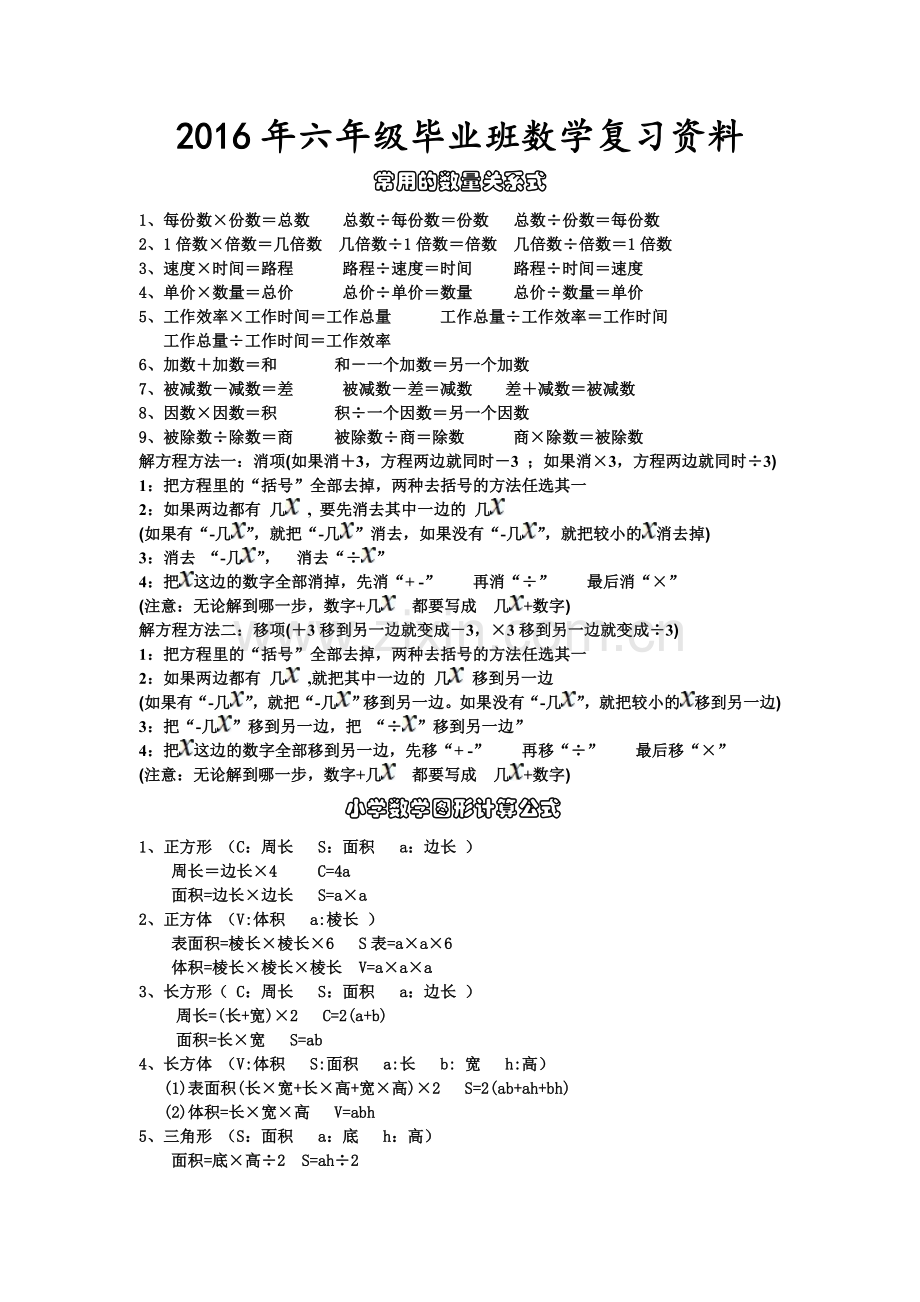 试题.习题—--2016年新人教版六年级小升初数学毕业总复习资料.doc_第1页