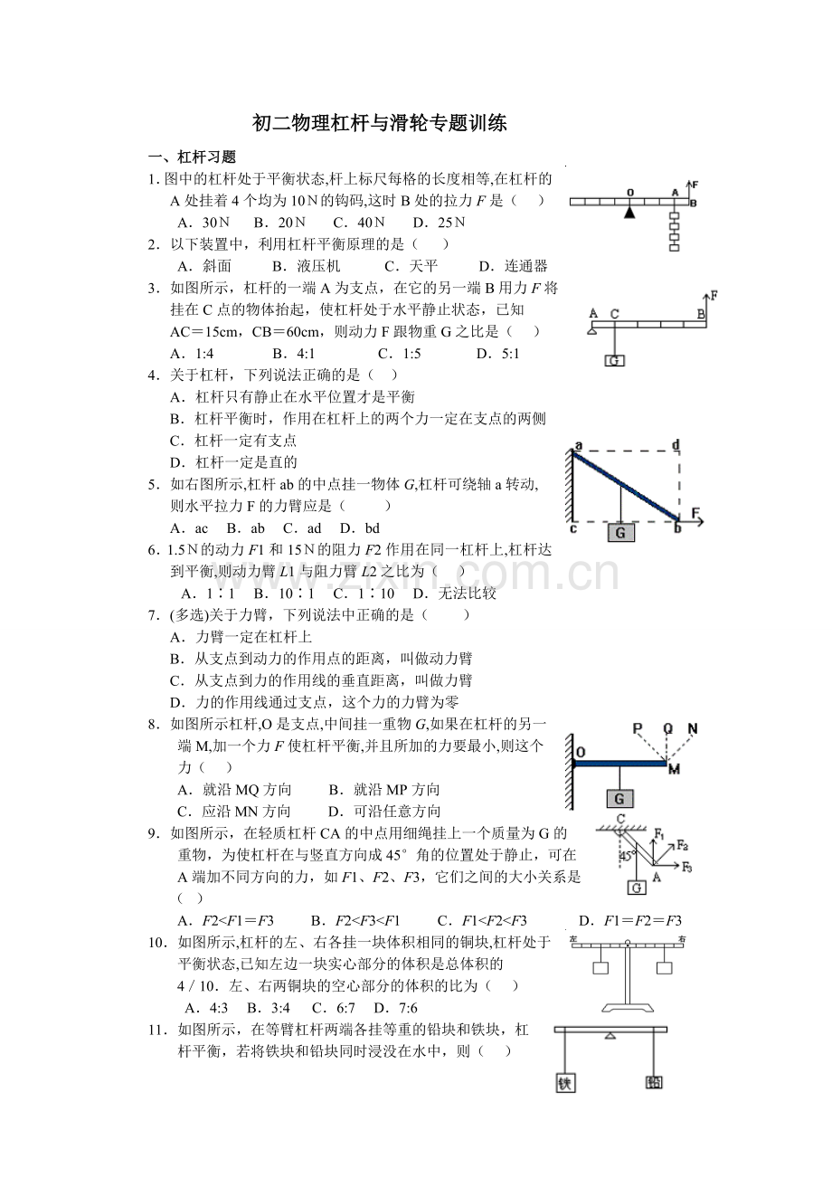 初二物理杠杆与滑轮专题训练.doc_第1页