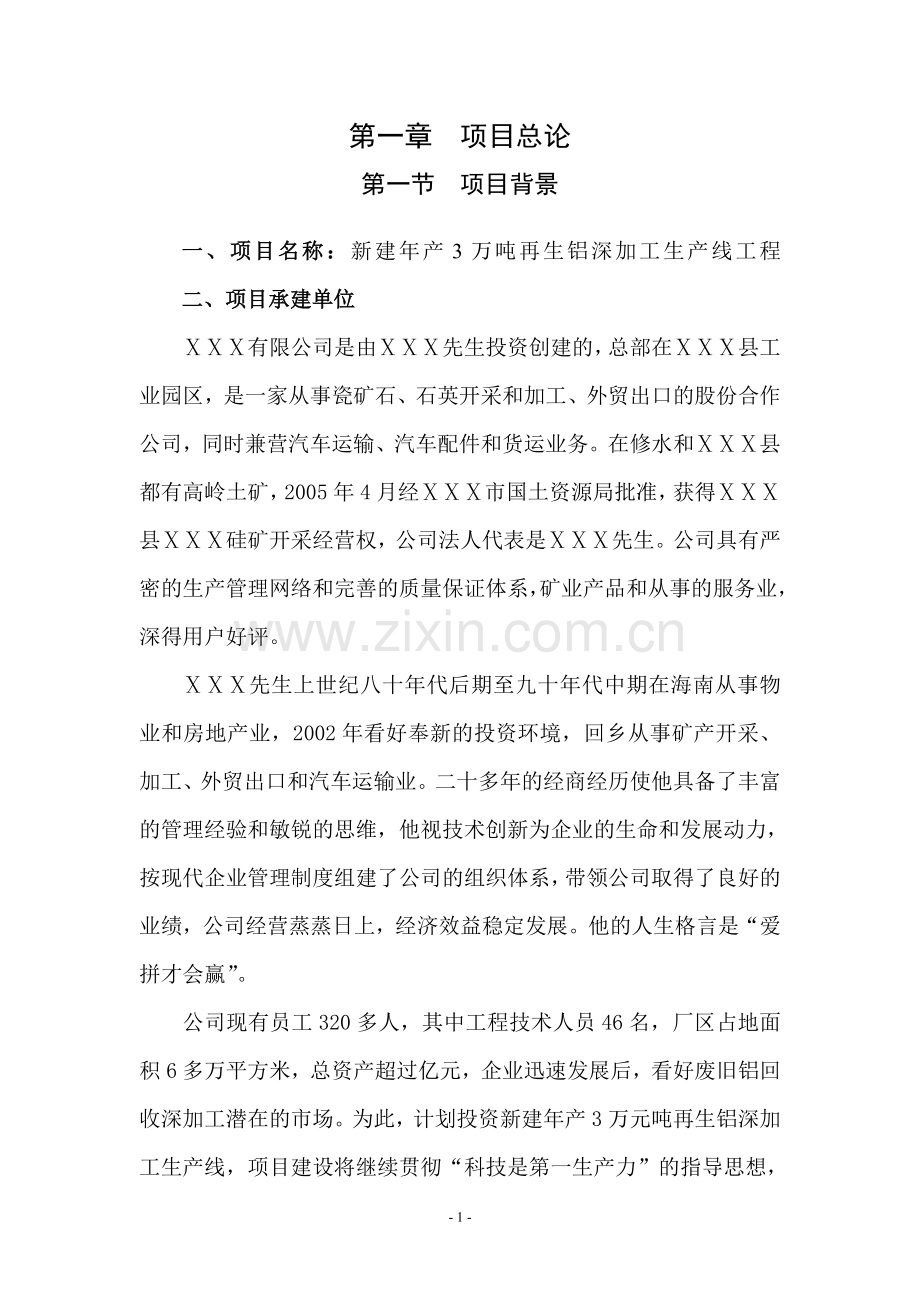 新建年产3万吨再生铝深加工生产线工程项目可行性研究报告.doc_第1页