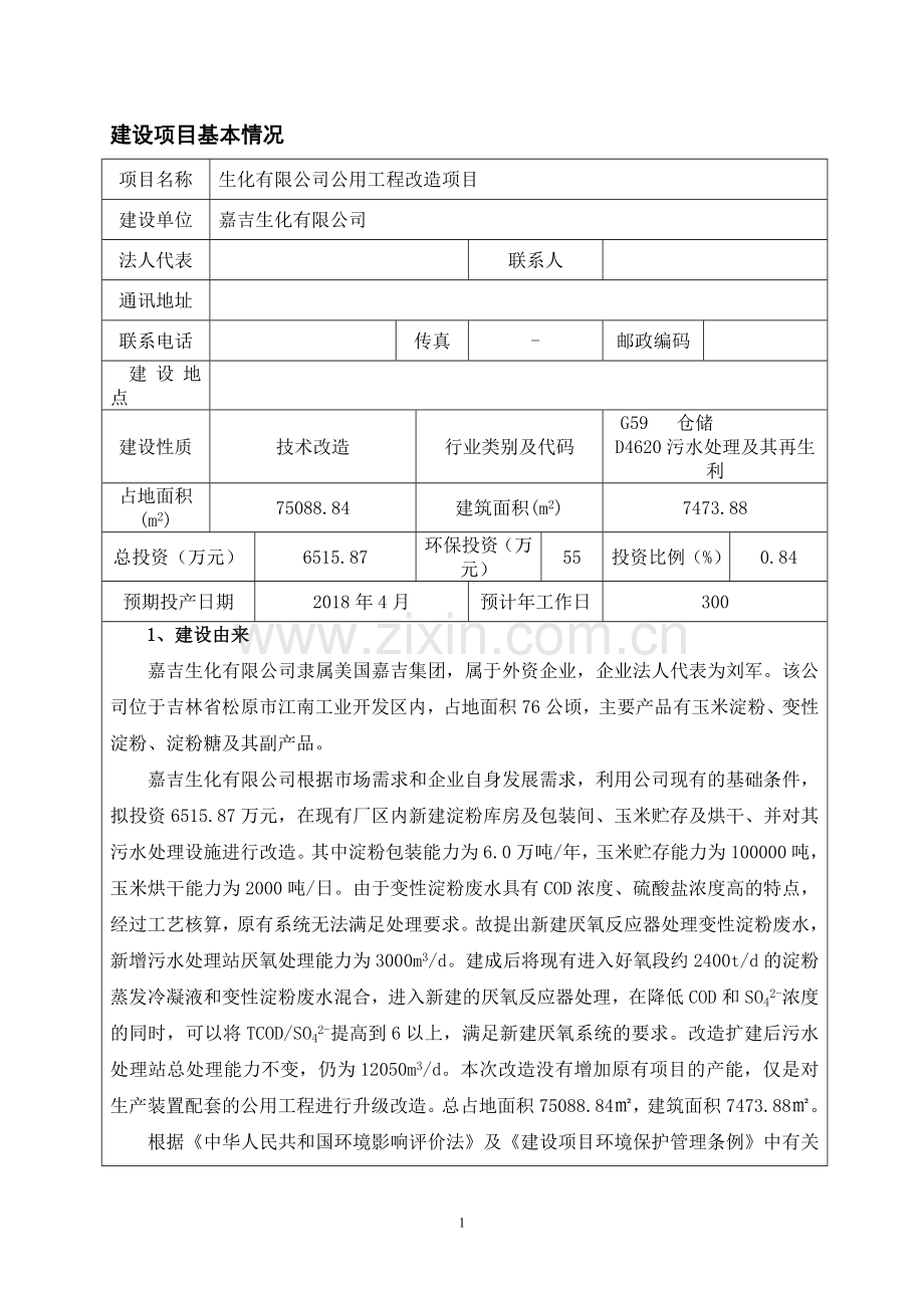 生化有限公司公用工程改造项目环境影响报告表.doc_第1页