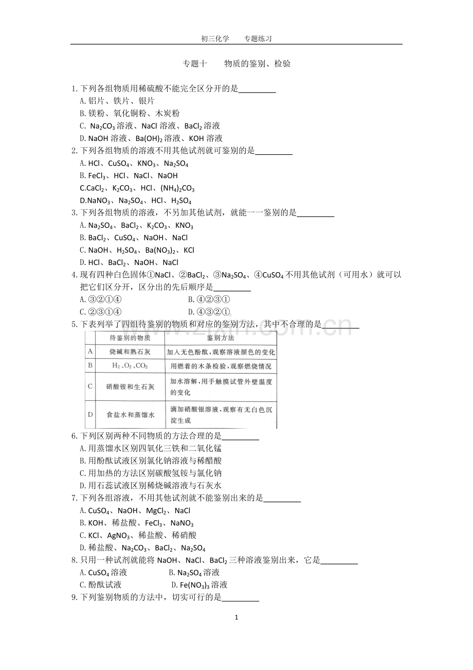 初三化学中考专题(10)物质的鉴别、检验练习及答案.doc_第1页