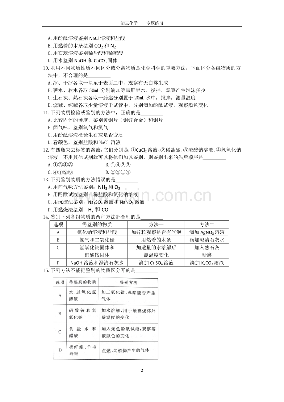 初三化学中考专题(10)物质的鉴别、检验练习及答案.doc_第2页