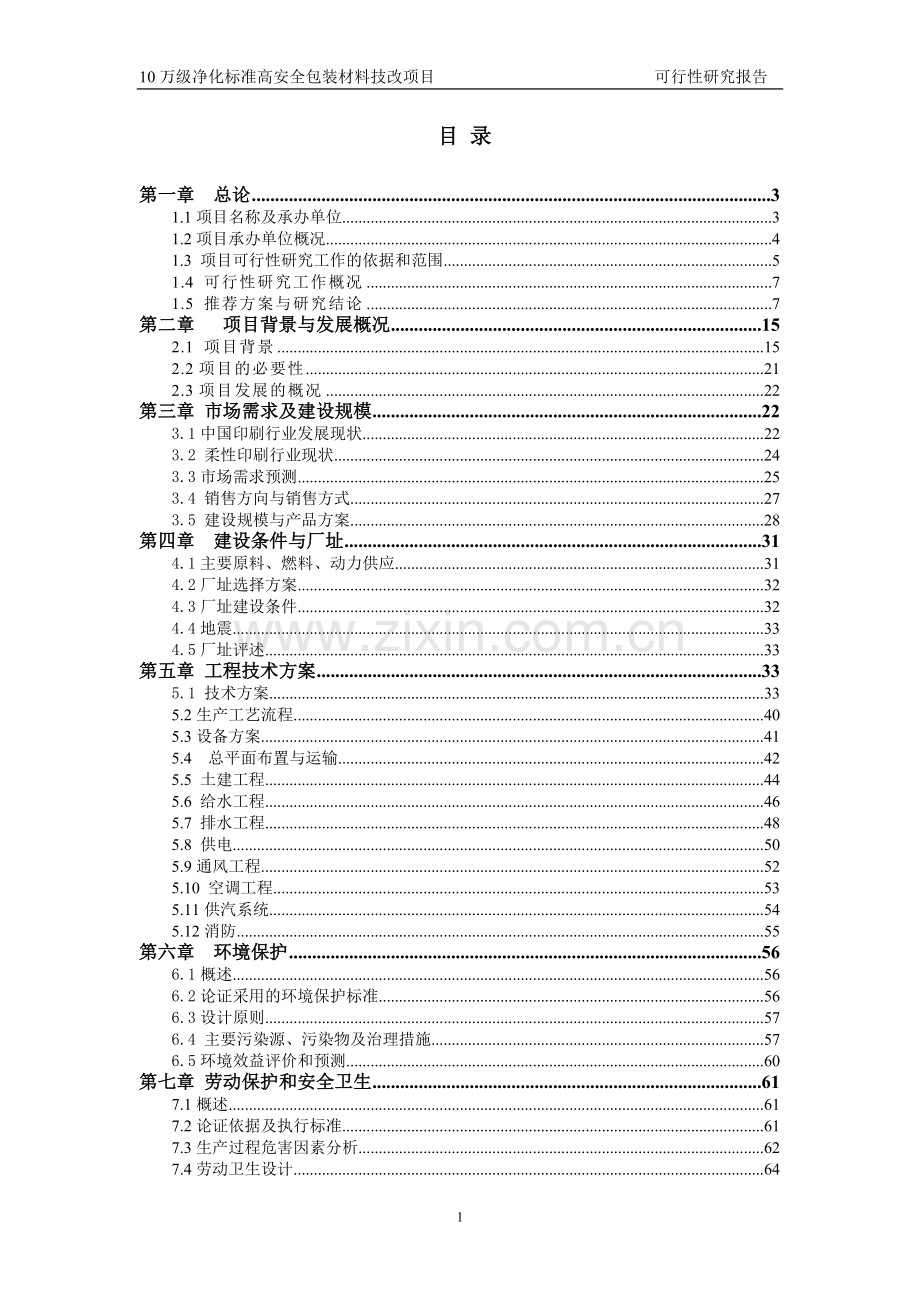 10万级洁净标准包装材料技改项目可行性研究报告.doc_第1页