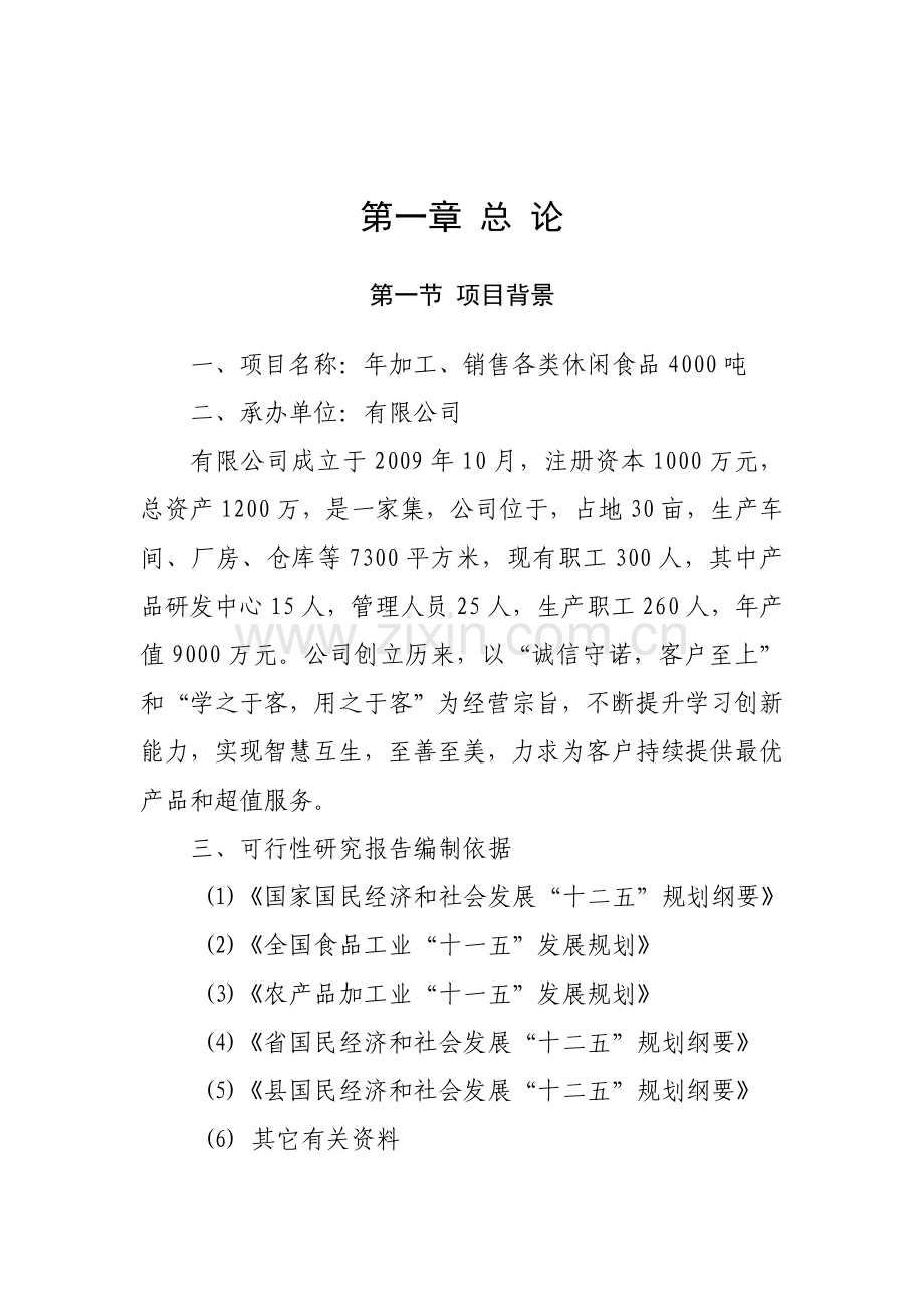 年加工、销售4000吨休闲食品建设项目建设可行性研究报告.doc_第1页