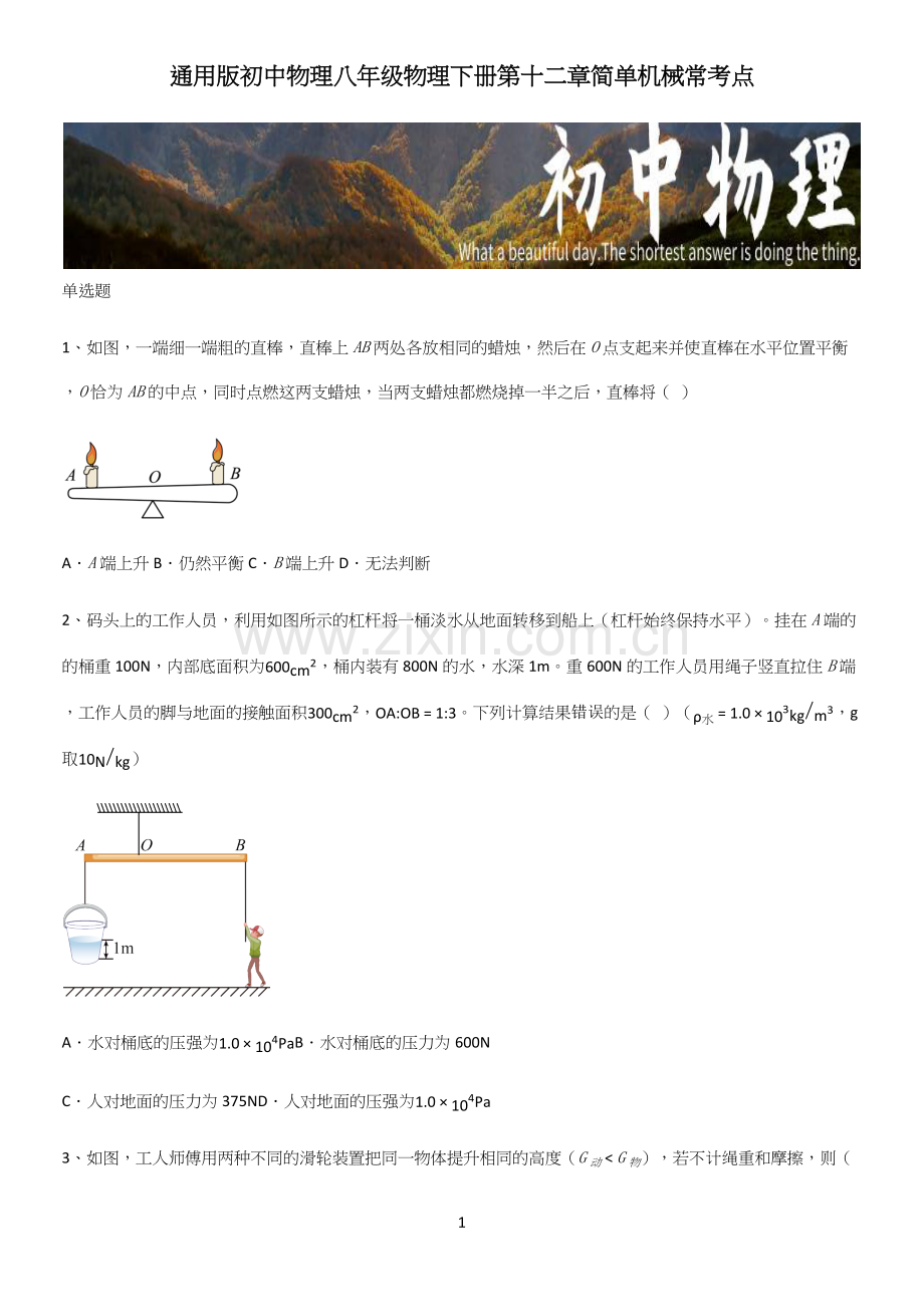 通用版初中物理八年级物理下册第十二章简单机械常考点.docx_第1页