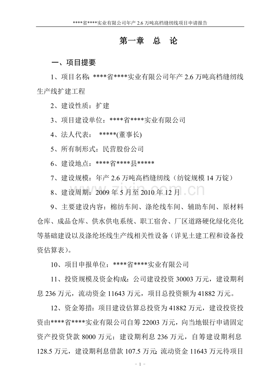 某实业公司年产2.6万吨高档缝纫线生产线扩建工程可行性论证报告.doc_第1页