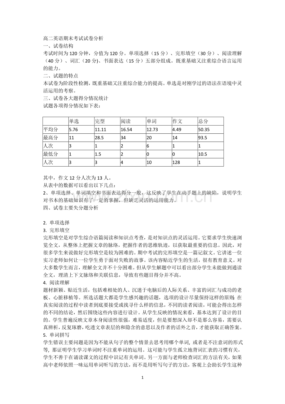 高二英语期末考试试卷分析1.doc_第1页