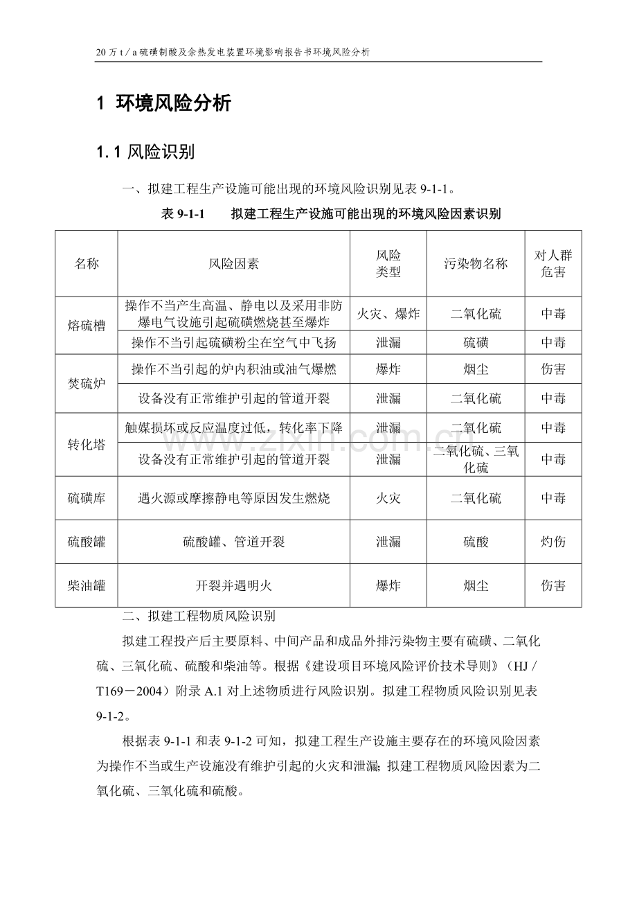 20万ta硫磺制酸及余热发电装置建设环境影响评估报告书建设环境风险分析.doc_第1页