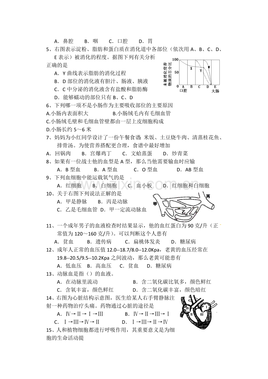 北师大版七年级下册生物期末试题及答案.doc_第2页