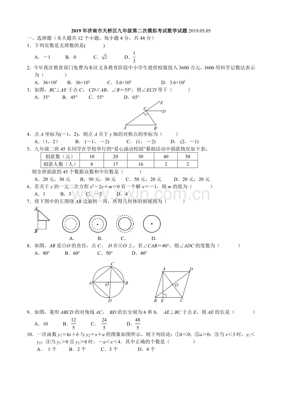 山东省济南市天桥区2019届九年级学业水平网评模拟测试(二模)数学试题(无答案)-副本.doc_第1页