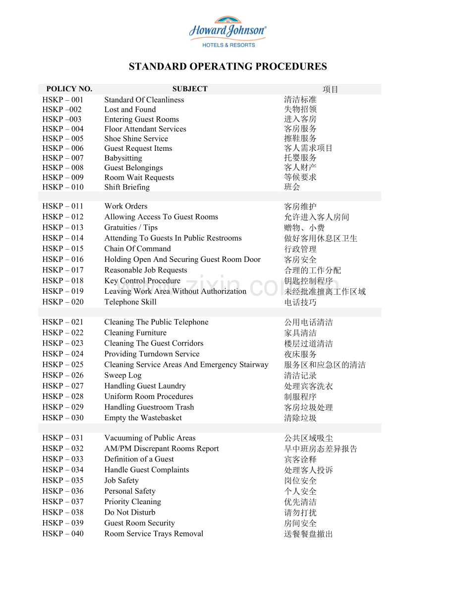 豪生酒店管家部标准运作程序手册手册.doc_第1页