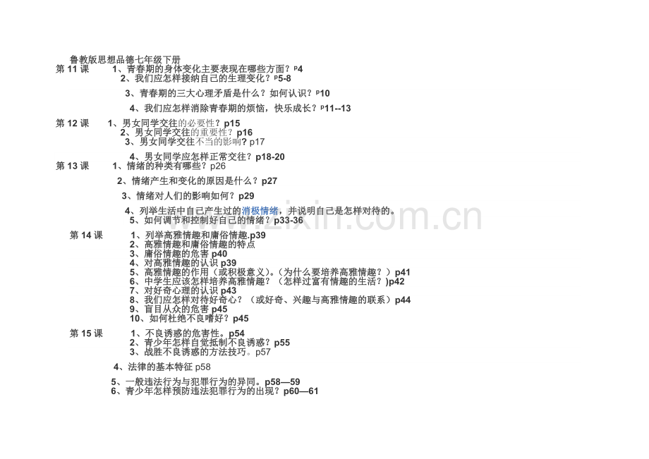 鲁教版思想品德七年级下册问题目录.doc_第1页