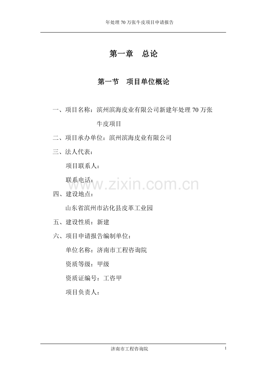 皮业有限公司新建年处理70万张牛皮项目可行性研究报告.doc_第1页