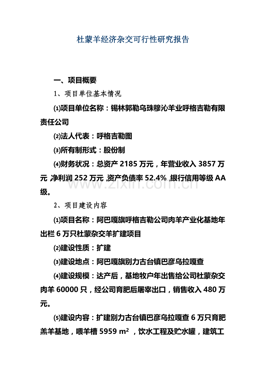 阿巴嘎旗呼格吉勒公司肉羊产业化基地年出栏6万只杜蒙杂交羊扩建可行性策划书.doc_第1页