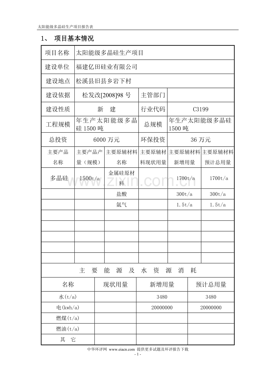 太阳能级多晶硅生产项目申请建设环境影响评估报告表.doc_第1页