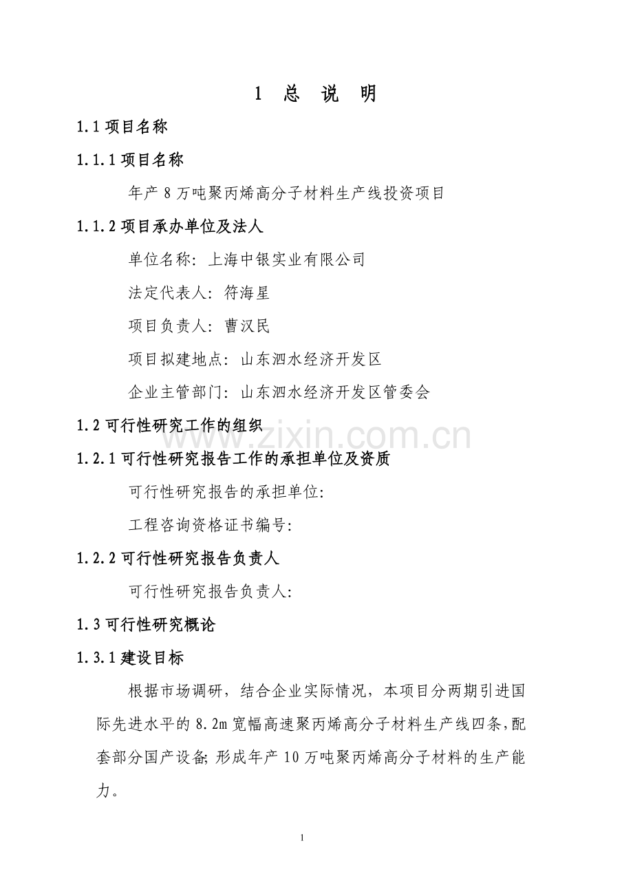 年产8万吨聚丙烯高分子材料生产线投资项目可行性研究报告.doc_第1页