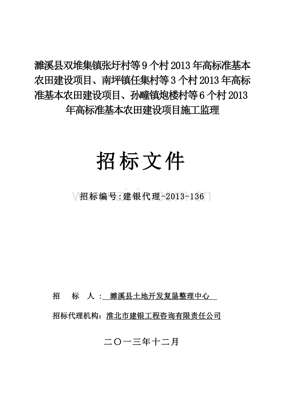 濉溪县双堆集镇张圩村等9个村2013年高标准基本农田招标标书.doc_第1页