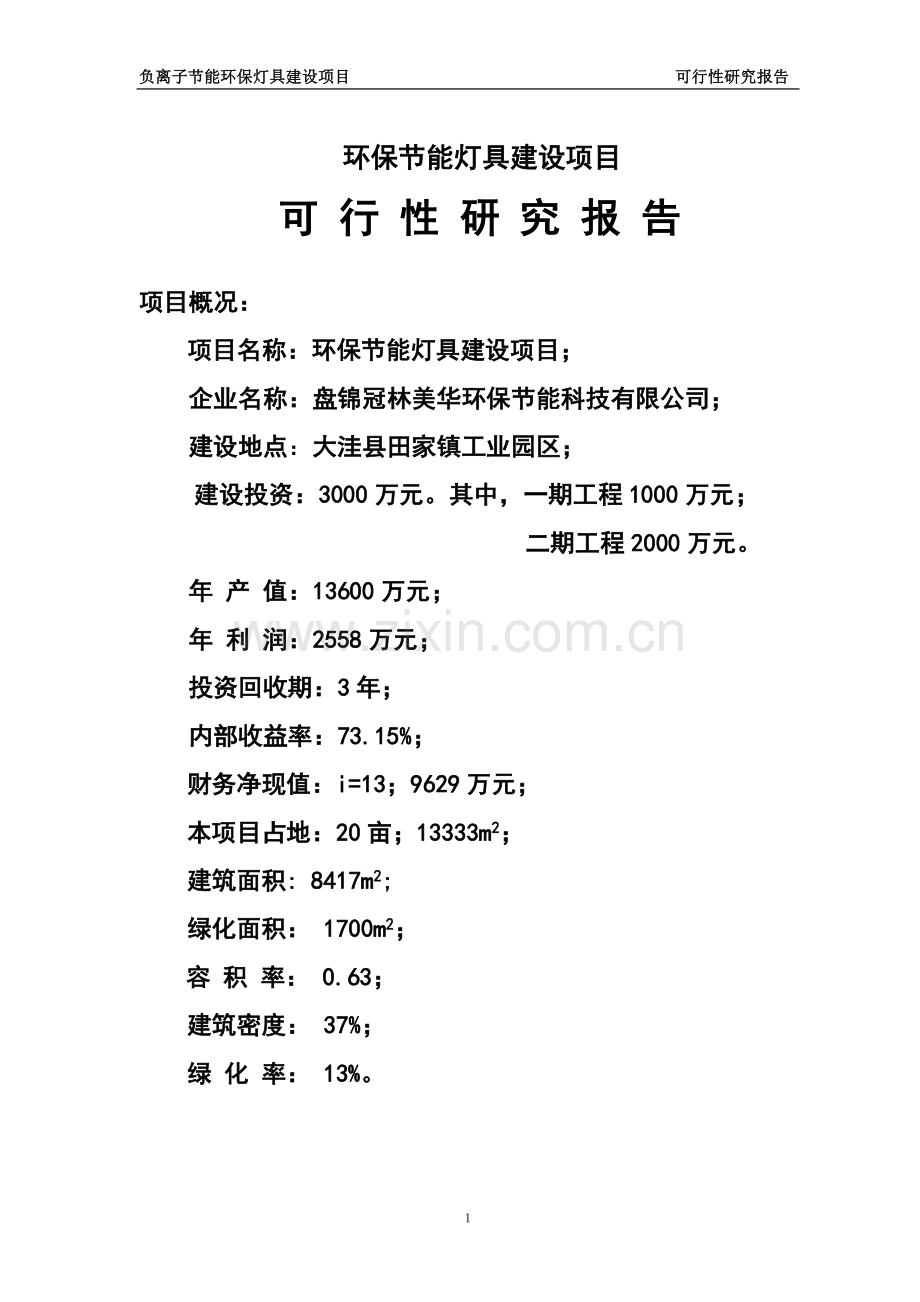 负离子环保节能灯具建设项目可行性论证报告.doc_第1页