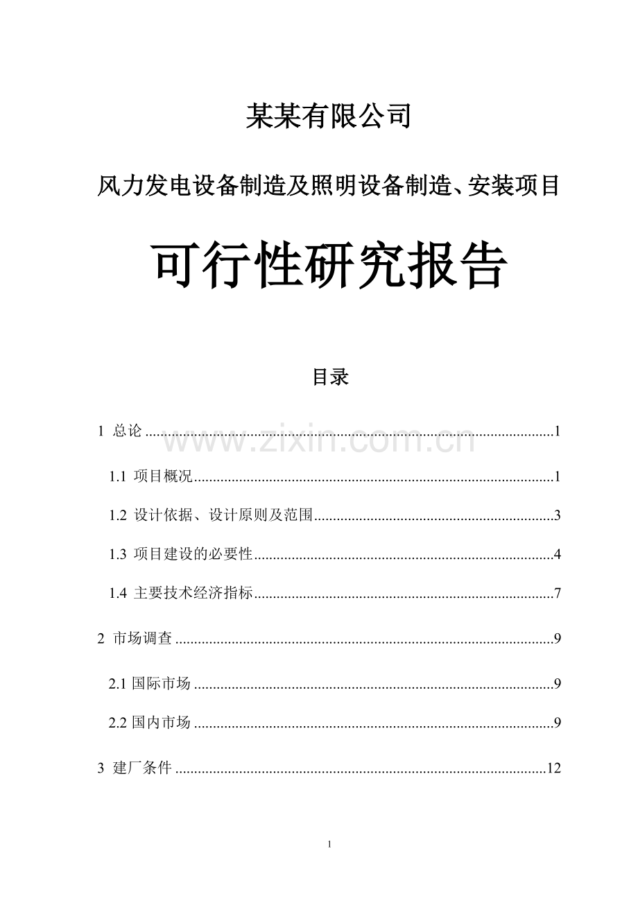 某某有限公司风力发电设备制造及照明设备制造、安装项目建设可行性研究报告.doc_第1页